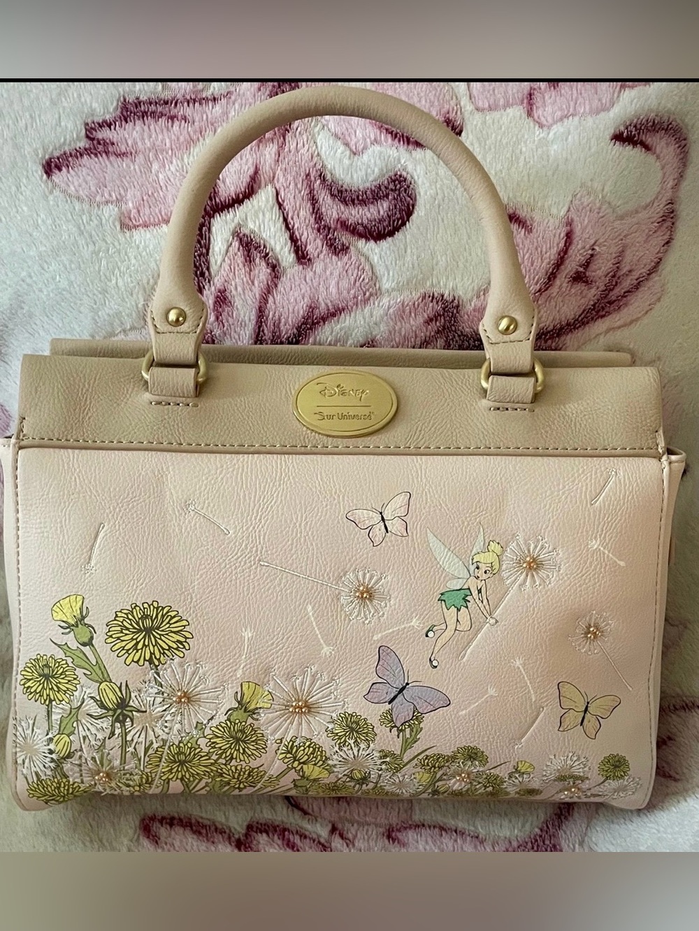 Disney Tinker bell Dandelion Butterfly Embroidered Satchel Purse NWOT